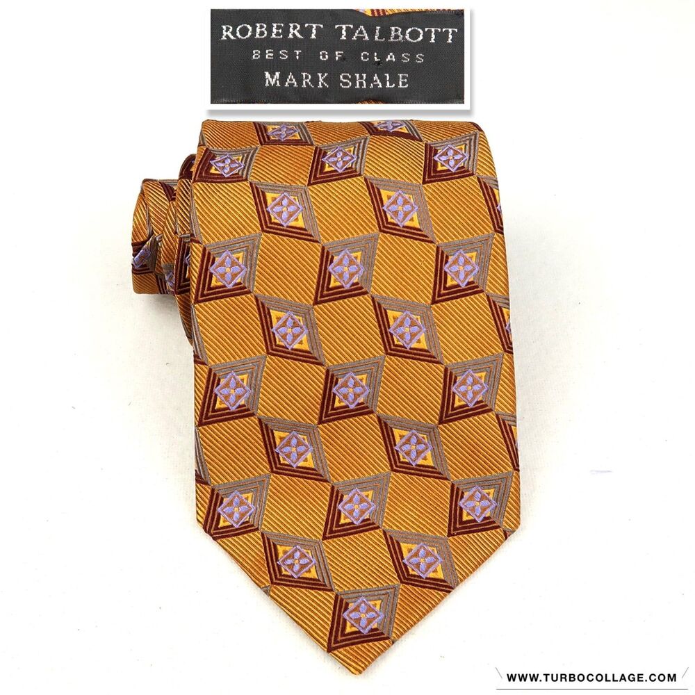 Robert Talbott Mark Shale Silk Necktie Gold Purple Violet Flower Pattern USA